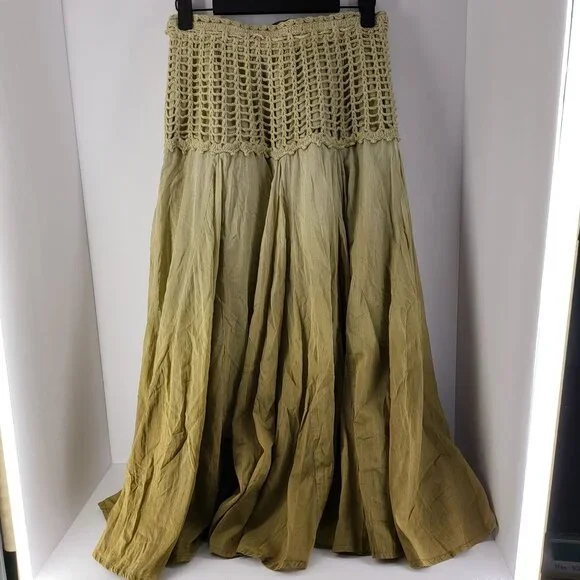 Chaudry KC Womens Bohemian Maxi Skirt Beige Cotton Blend Crochet Waist Size S - Picture 9 of 15